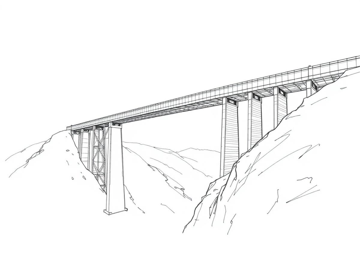 Pencil sketch of a viaduct on slender piers crossing a valley