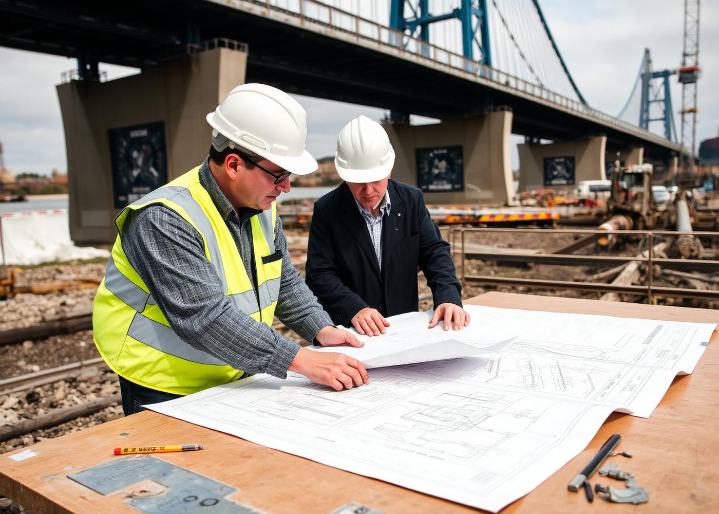 Engineers reviewing structural drawings on site