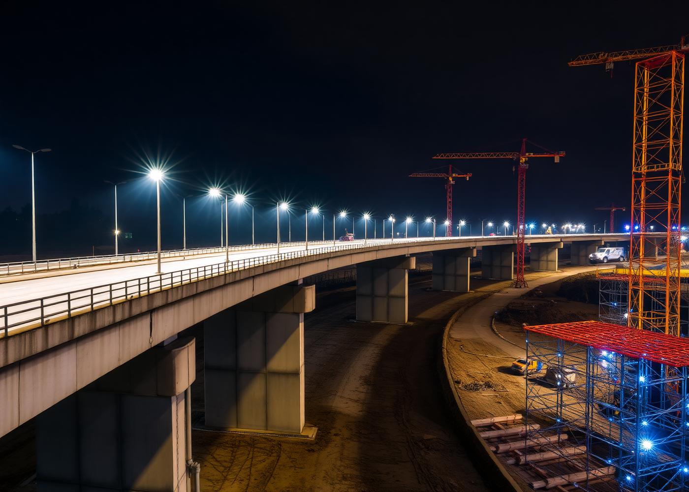Night works on the approach viaduct under floodlights