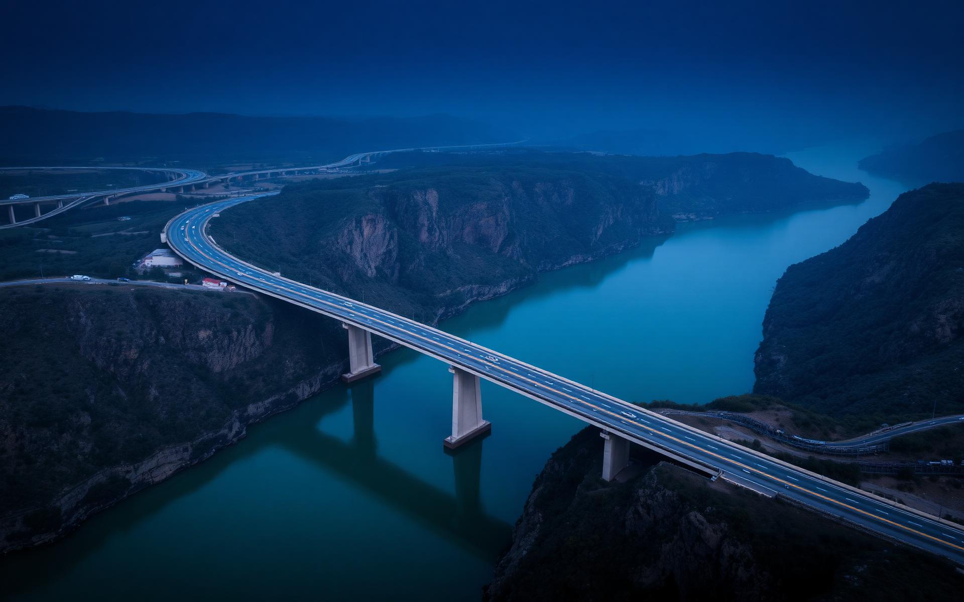 Aerial view of a highway bridge crossing a river gorge at dusk