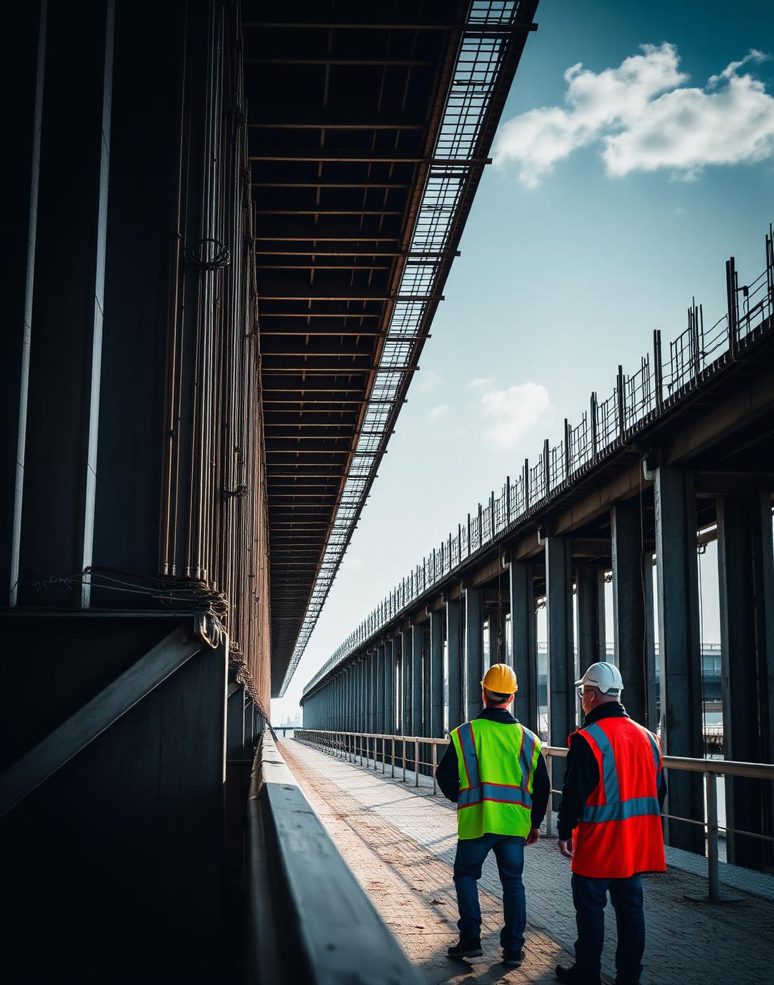 Engineers inspecting a bridge structure under construction